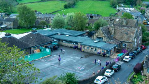 Aerial photograph of the school taken from the top of the church tower